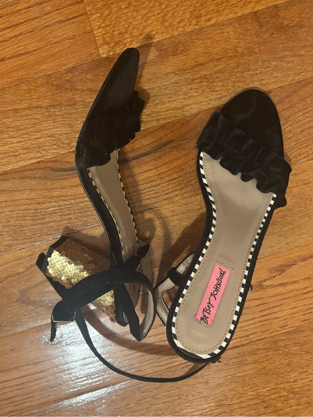 Betsey Johnson Black Ruffle Ankle-Tie Block Heel Sandals with Gold Sequin Heel